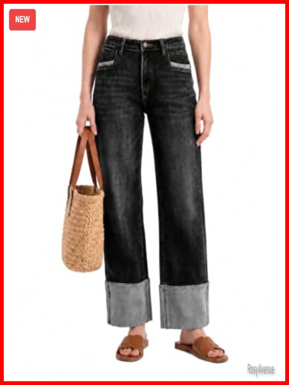 High Waisted Wide Leg Jeans Loose Fit Straight Leg Cuffed Hem 5-Pocket
